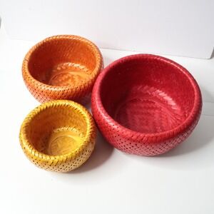 NEW Crate & Barrel Bambu Nesting Baskets Set of 3 Red Orange Yellow Woven Bamboo